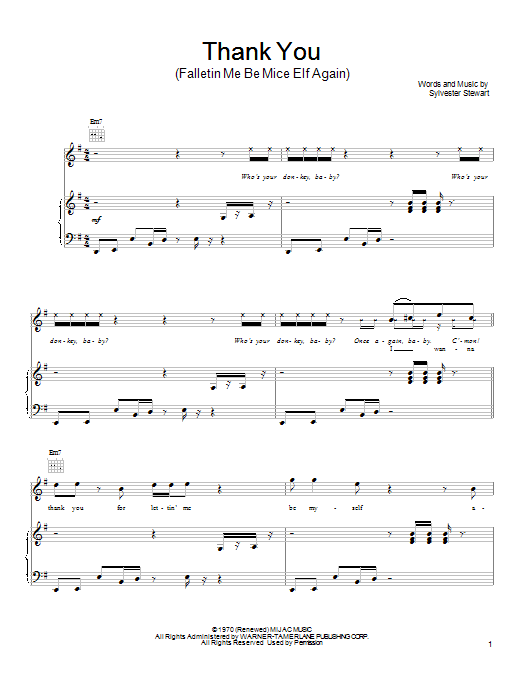 Download Sly & The Family Stone Thank You (Falletin Me Be Mice Elf Again) Sheet Music and learn how to play Piano, Vocal & Guitar (Right-Hand Melody) PDF digital score in minutes