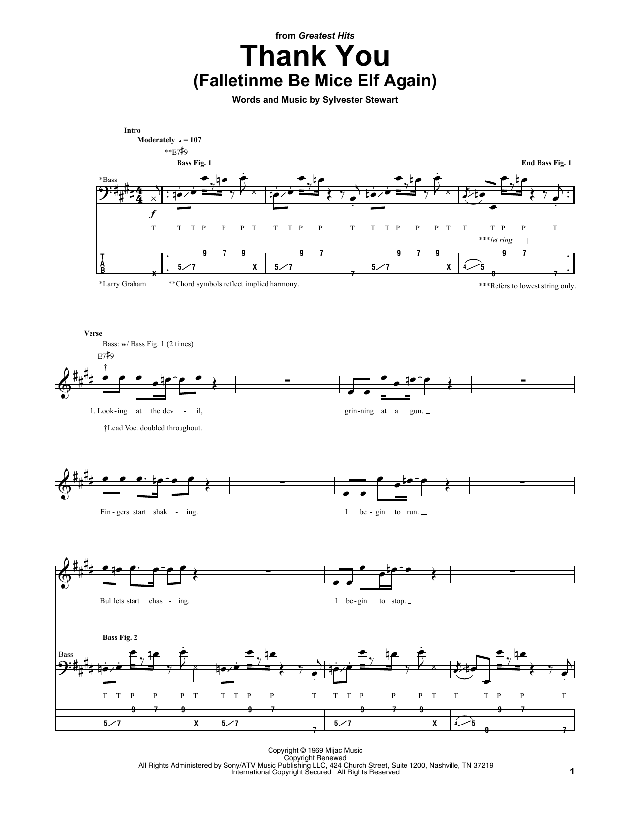 Download Sly & The Family Stone Thank You (Falletinme Be Mice Elf Again) Sheet Music and learn how to play Bass Guitar Tab PDF digital score in minutes