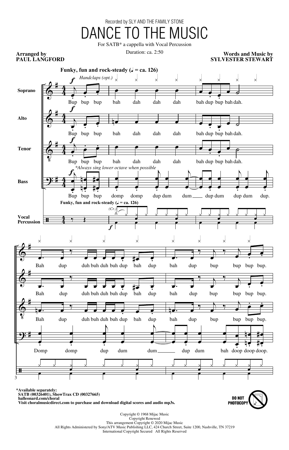 Download Sly And The Family Stone Dance To The Music (arr. Paul Langford) Sheet Music and learn how to play SATB Choir PDF digital score in minutes