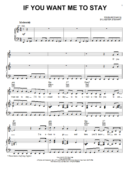 Download Sly & The Family Stone If You Want Me To Stay Sheet Music and learn how to play Piano, Vocal & Guitar (Right-Hand Melody) PDF digital score in minutes