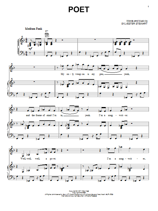 Download Sly & The Family Stone Poet Sheet Music and learn how to play Piano, Vocal & Guitar (Right-Hand Melody) PDF digital score in minutes