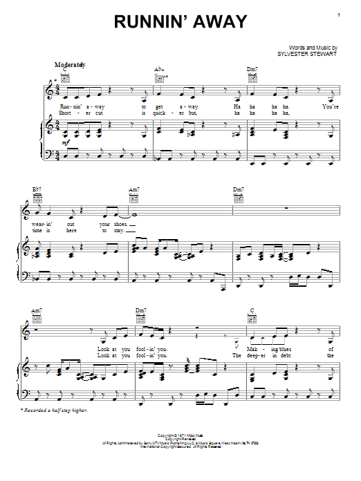 Download Sly & The Family Stone Runnin' Away Sheet Music and learn how to play Piano, Vocal & Guitar (Right-Hand Melody) PDF digital score in minutes
