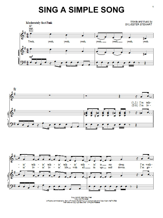 Download Sly & The Family Stone Sing A Simple Song Sheet Music and learn how to play Piano, Vocal & Guitar (Right-Hand Melody) PDF digital score in minutes