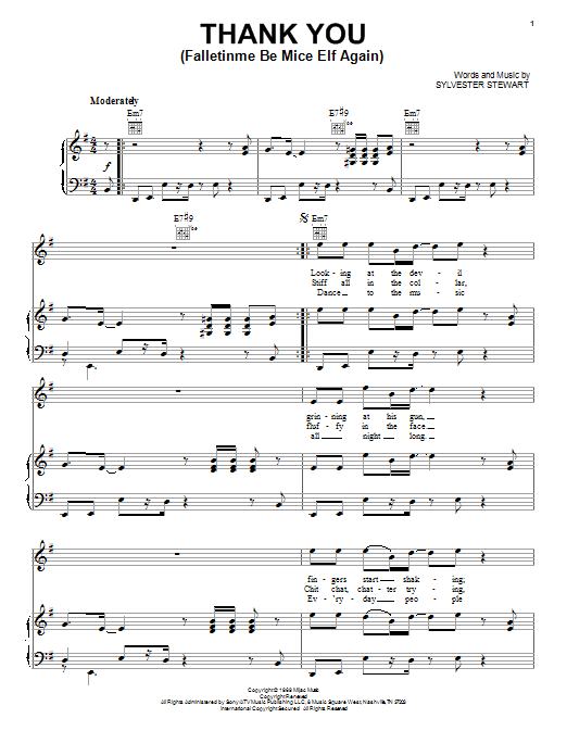 Download Sly & The Family Stone Thank You (Falletinme Be Mice Elf Again) Sheet Music and learn how to play Piano, Vocal & Guitar (Right-Hand Melody) PDF digital score in minutes
