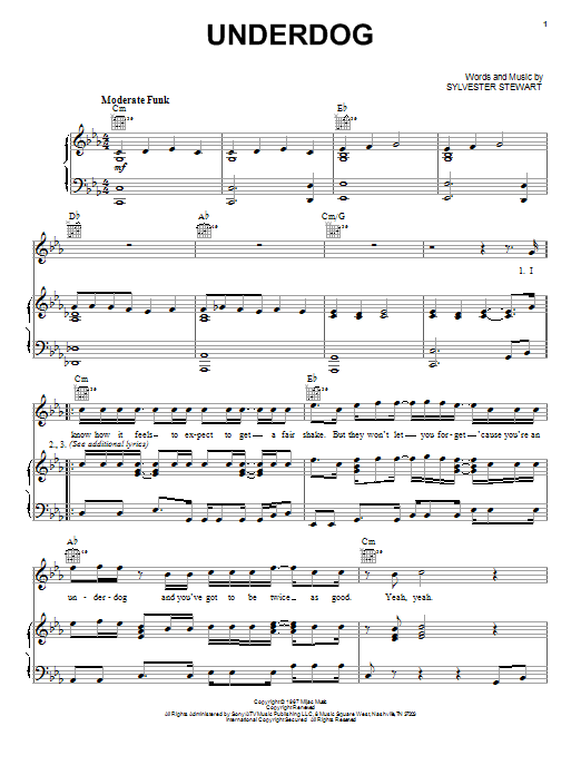 Download Sly & The Family Stone Underdog Sheet Music and learn how to play Piano, Vocal & Guitar (Right-Hand Melody) PDF digital score in minutes