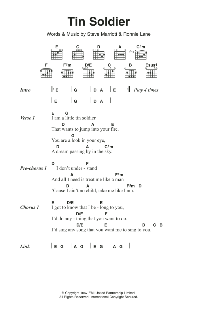 Download Small Faces Tin Soldier Sheet Music and learn how to play Lyrics & Chords PDF digital score in minutes