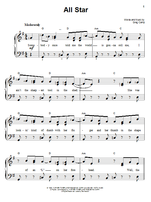 Download Smash Mouth All Star Sheet Music and learn how to play Easy Piano PDF digital score in minutes