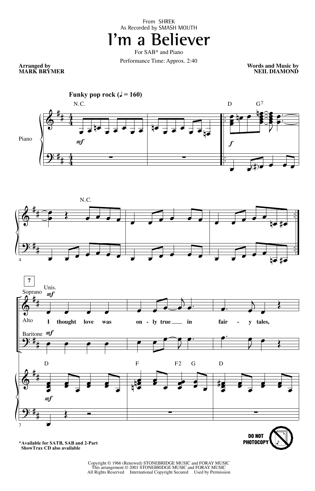 Download Smash Mouth I'm A Believer (from Shrek) (arr. Mark Brymer) Sheet Music and learn how to play 2-Part Choir PDF digital score in minutes