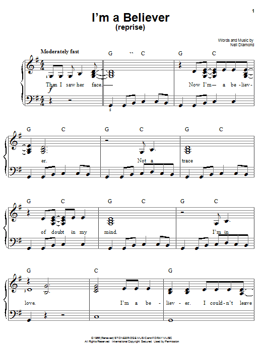 Download Smash Mouth I'm A Believer (Reprise) Sheet Music and learn how to play Easy Piano PDF digital score in minutes