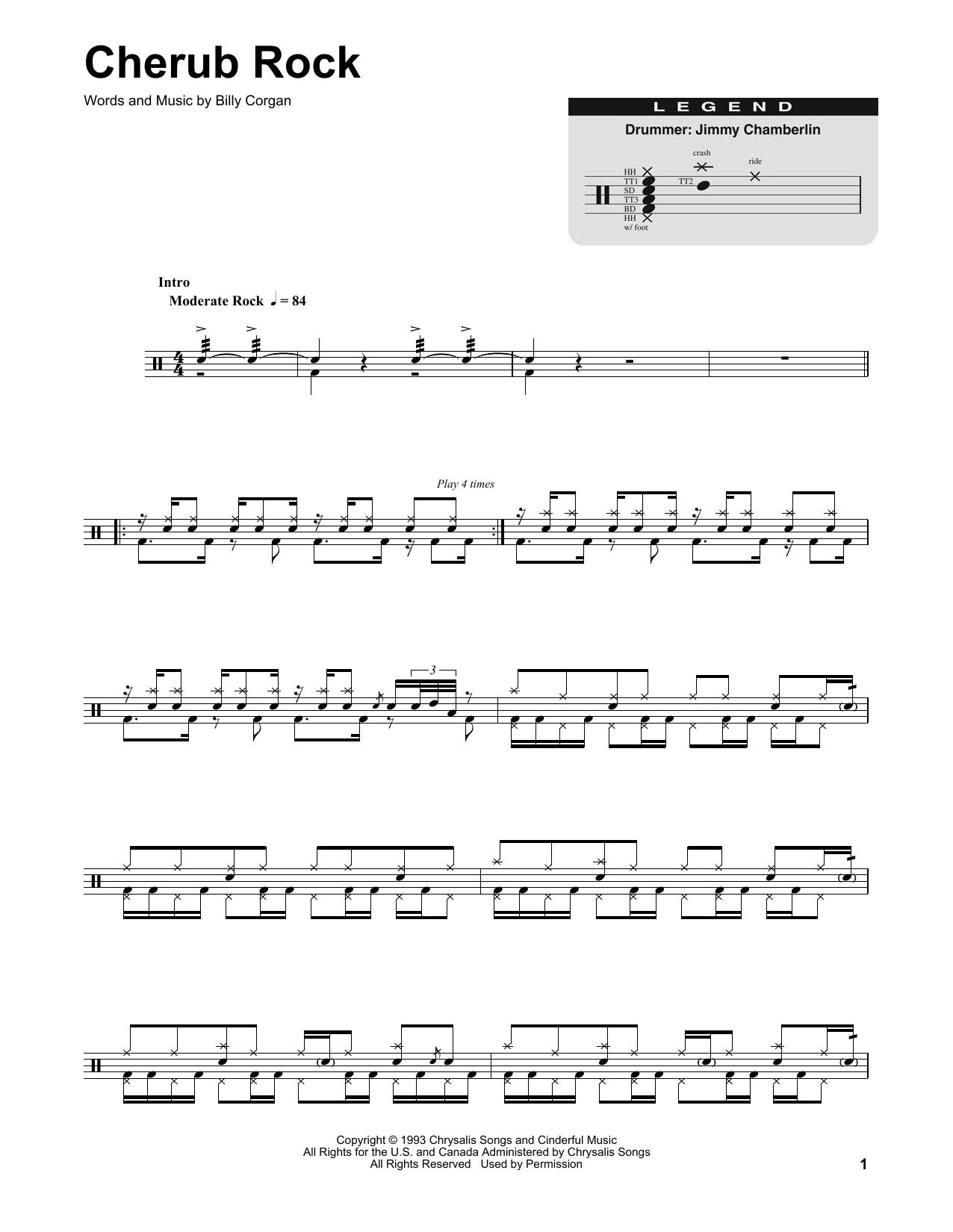 Download Smashing Pumpkins Cherub Rock Sheet Music and learn how to play Drums Transcription PDF digital score in minutes