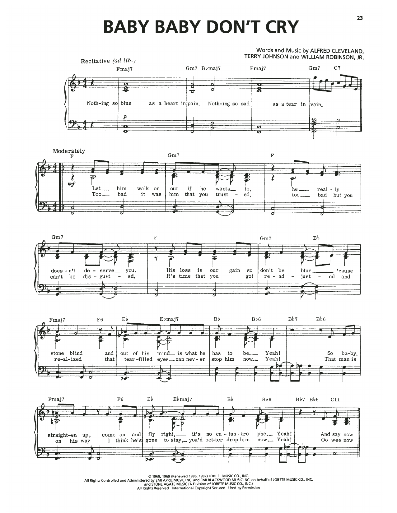 Download Smokey Robinson & The Miracles Baby Baby Don't Cry Sheet Music and learn how to play Piano, Vocal & Guitar Chords (Right-Hand Melody) PDF digital score in minutes