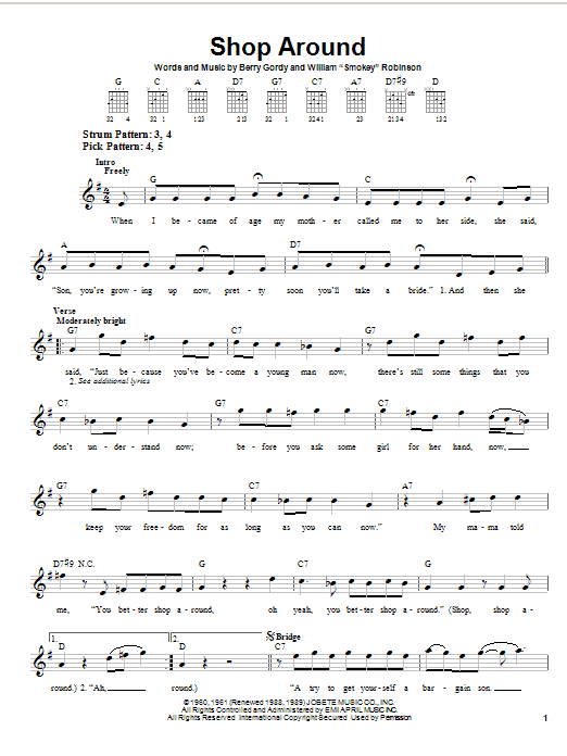 Download Smokey Robinson & The Miracles Shop Around Sheet Music and learn how to play Easy Guitar PDF digital score in minutes