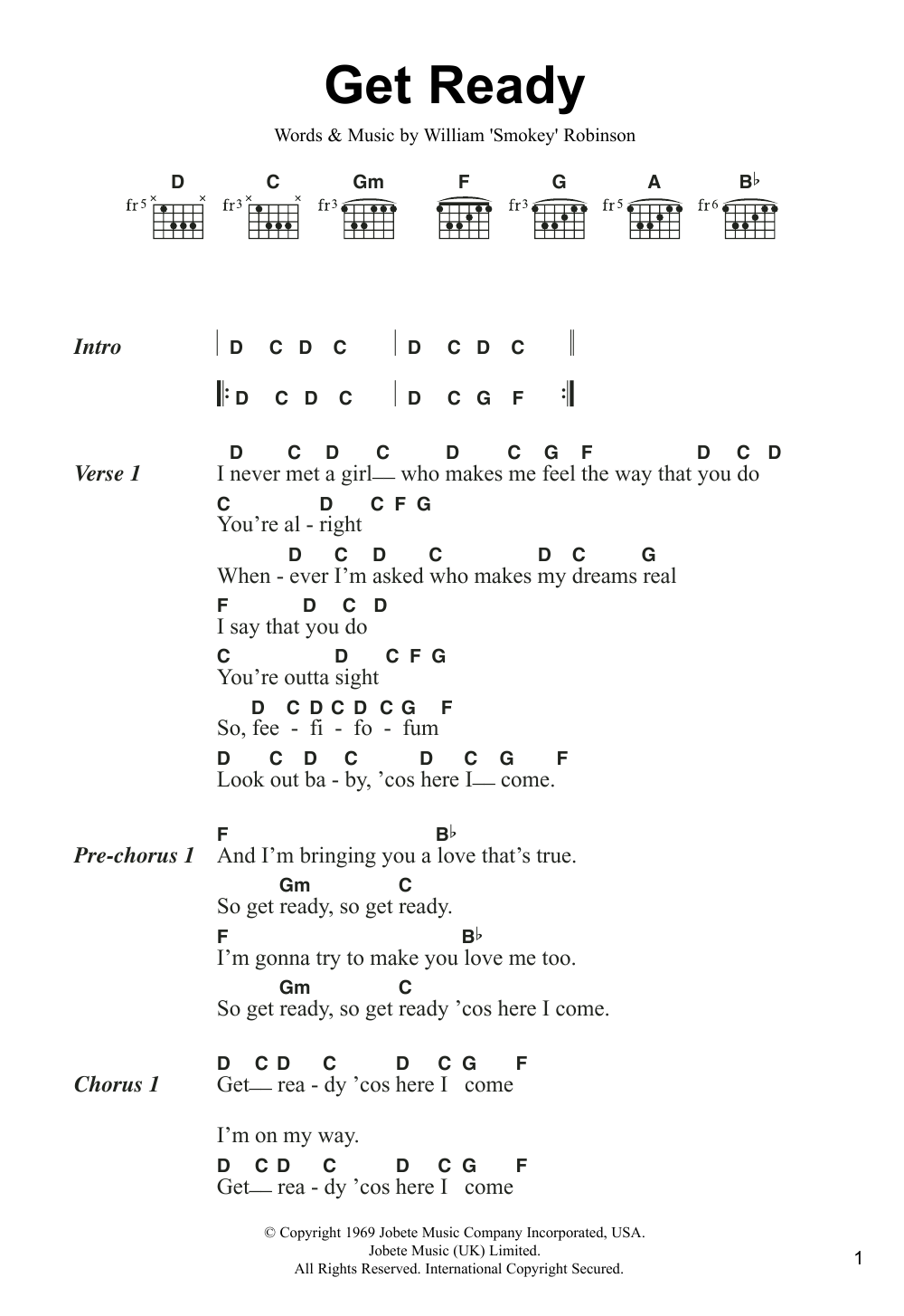 Download Smokey Robinson Get Ready Sheet Music and learn how to play Lyrics & Chords PDF digital score in minutes