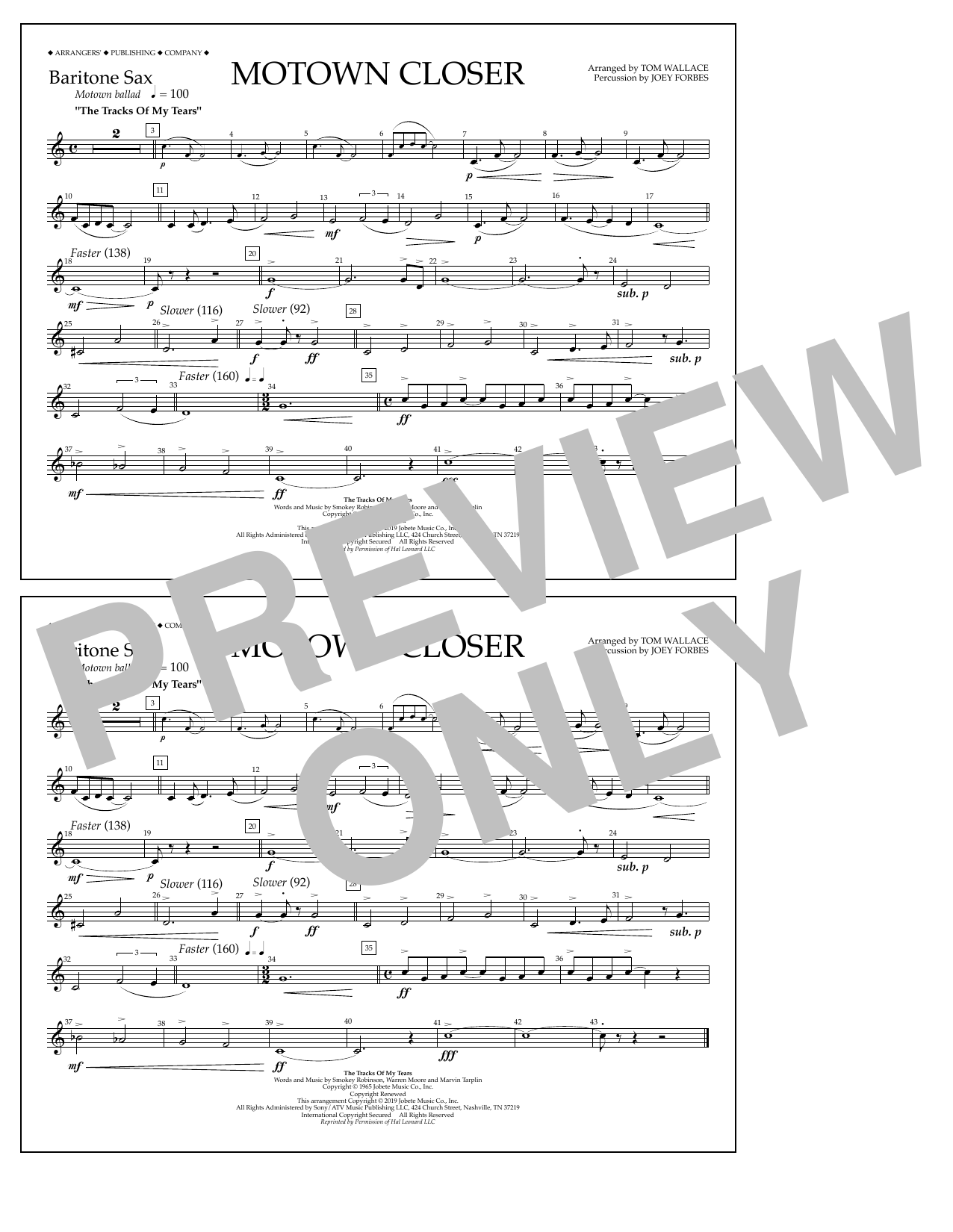 Download Smokey Robinson Motown Closer (arr. Tom Wallace) - Baritone Sax Sheet Music and learn how to play Marching Band PDF digital score in minutes