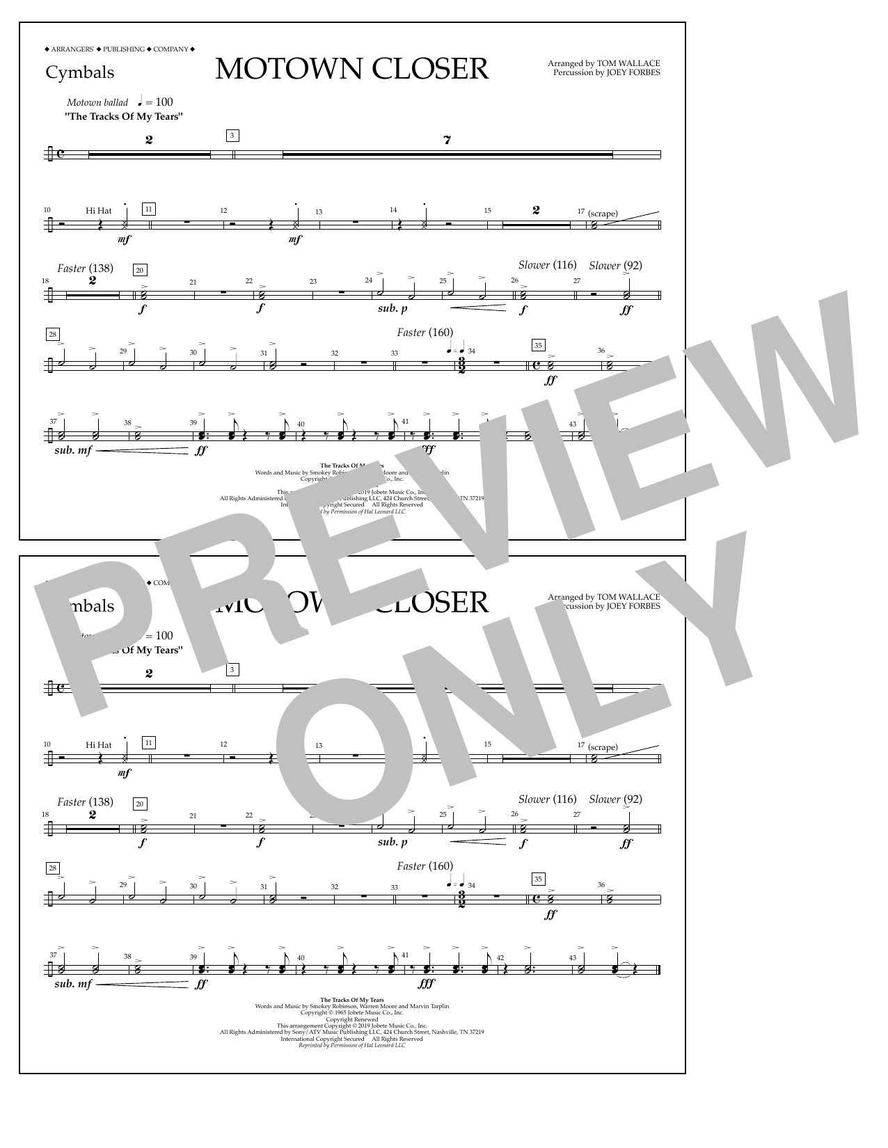 Download Smokey Robinson Motown Closer (arr. Tom Wallace) - Cymbals Sheet Music and learn how to play Marching Band PDF digital score in minutes