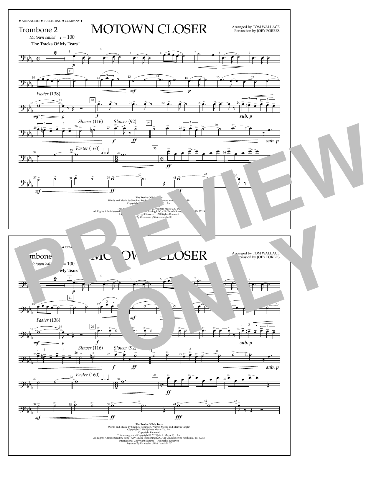Download Smokey Robinson Motown Closer (arr. Tom Wallace) - Trombone 2 Sheet Music and learn how to play Marching Band PDF digital score in minutes