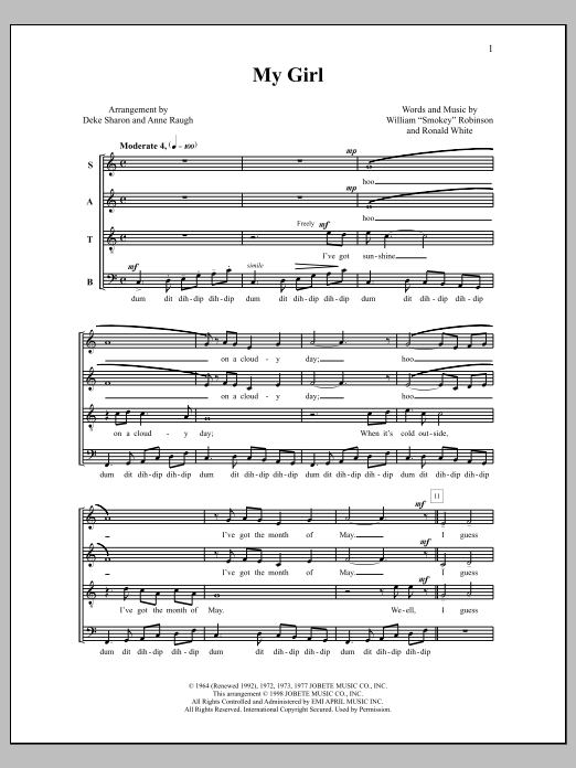 Download Smokey Robinson My Girl (arr. Deke Sharon) Sheet Music and learn how to play SATB Choir PDF digital score in minutes