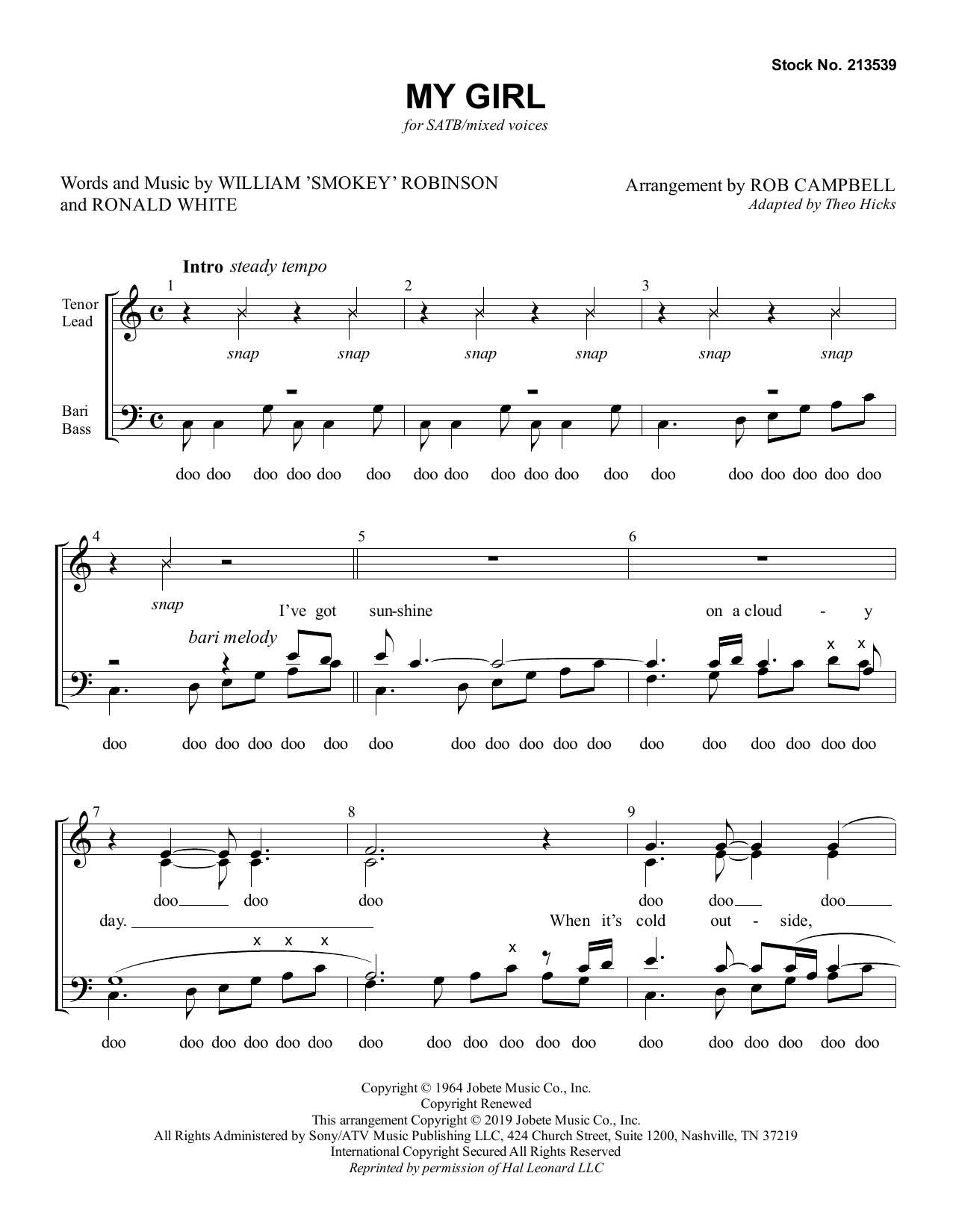 Download Smokey Robinson My Girl (arr. Rob Campbell) Sheet Music and learn how to play TTBB Choir PDF digital score in minutes