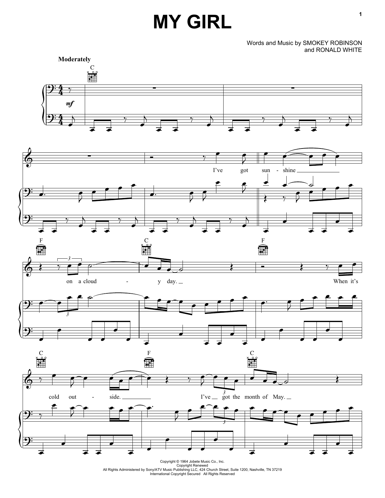 Download Smokey Robinson My Girl Sheet Music and learn how to play Piano, Vocal & Guitar (Right-Hand Melody) PDF digital score in minutes