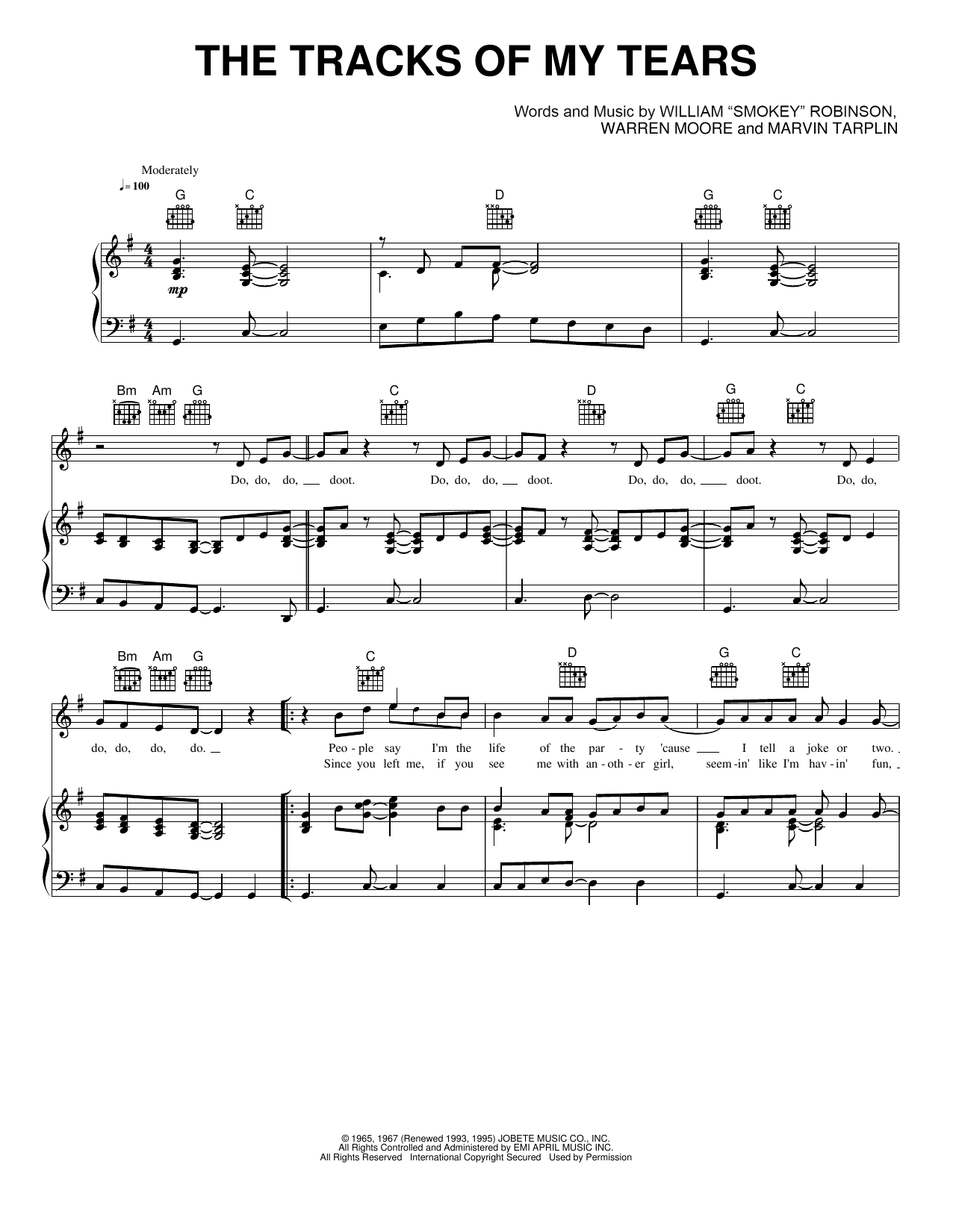 Download Smokey Robinson The Tracks Of My Tears Sheet Music and learn how to play Piano, Vocal & Guitar Chords (Right-Hand Melody) PDF digital score in minutes