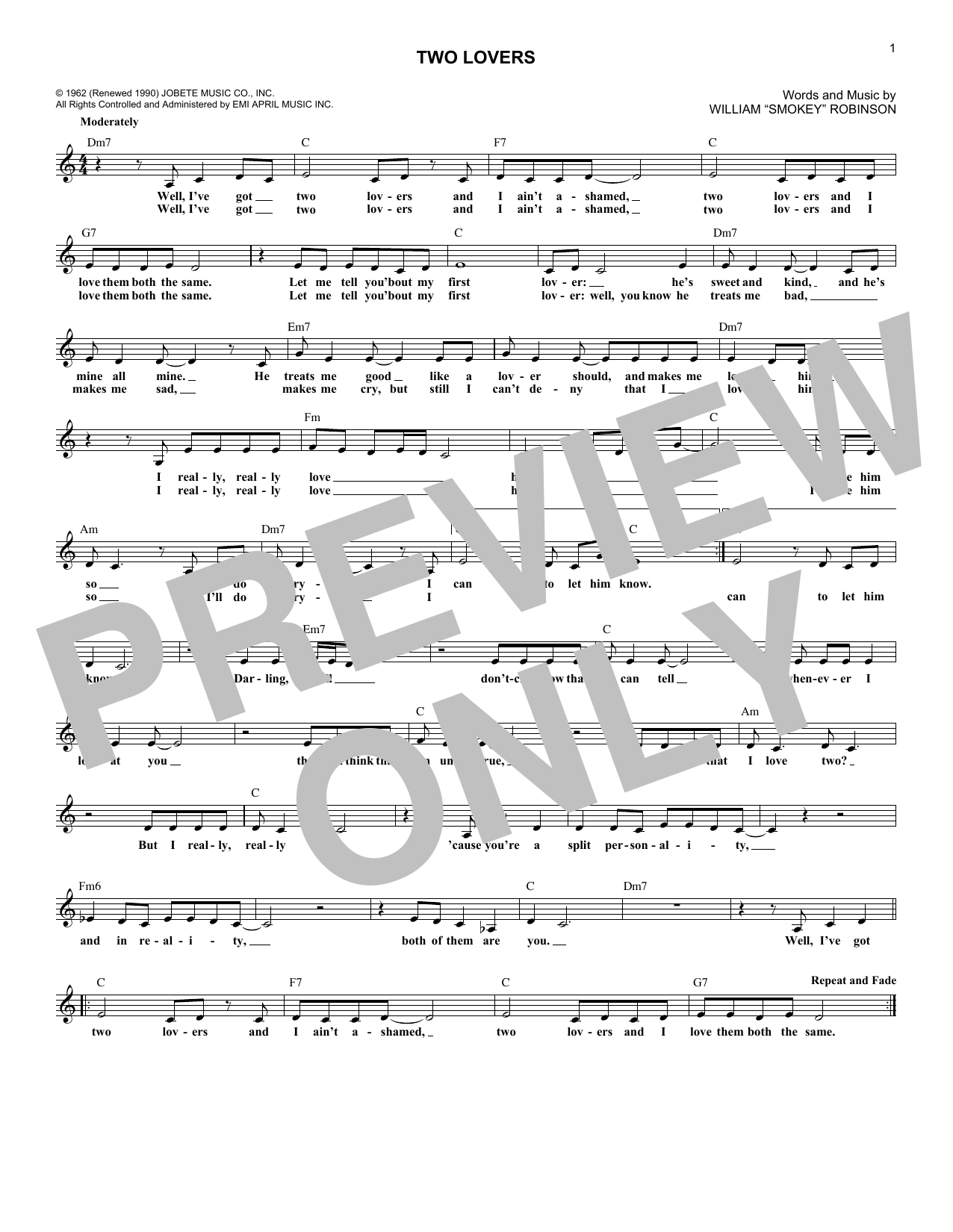Download Smokey Robinson Two Lovers Sheet Music and learn how to play Melody Line, Lyrics & Chords PDF digital score in minutes