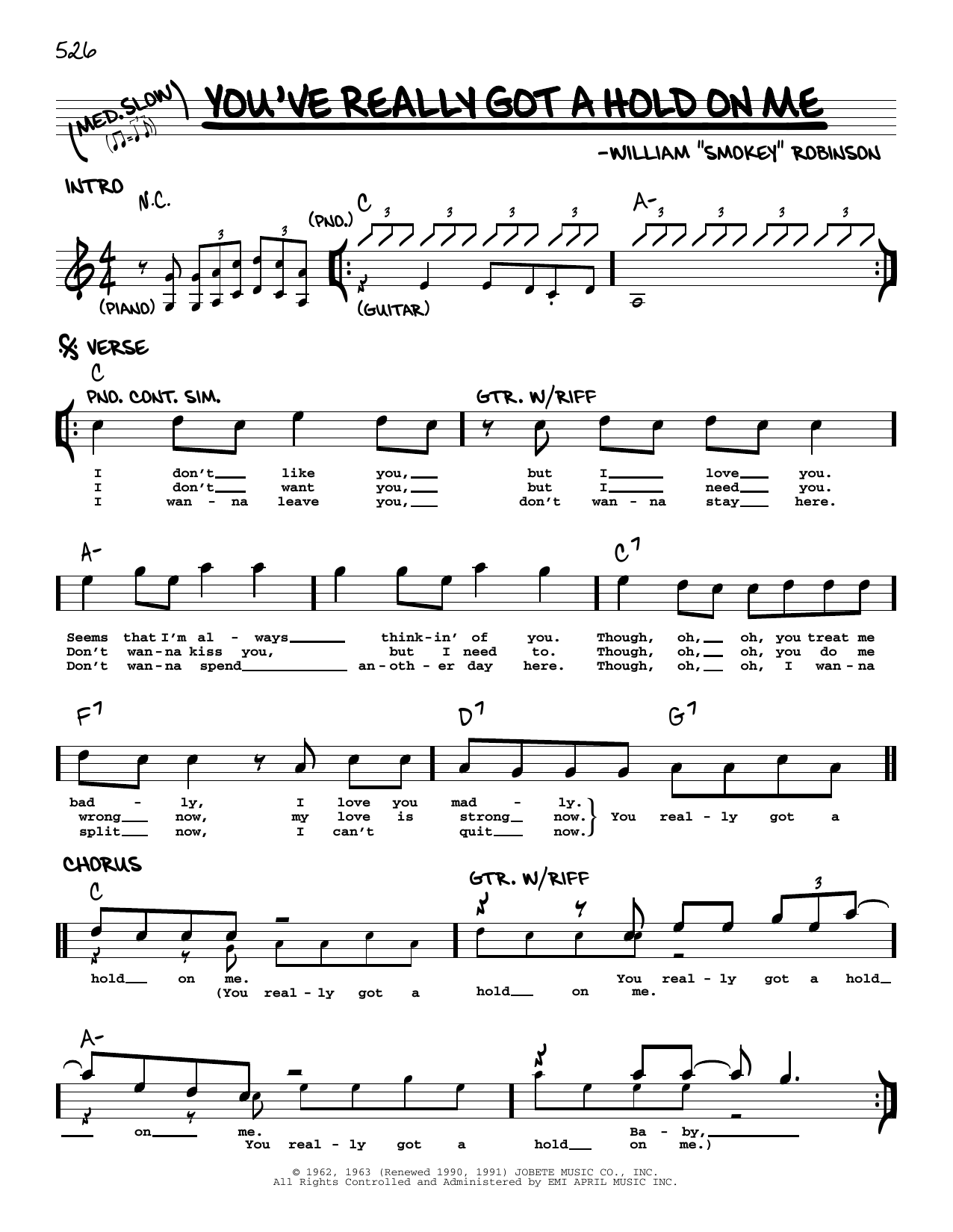 Download Smokey Robinson You've Really Got A Hold On Me Sheet Music and learn how to play Real Book – Melody & Chords PDF digital score in minutes