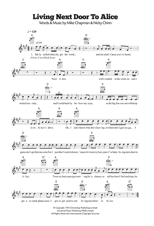 Download Smokie Living Next Door To Alice Sheet Music and learn how to play Ukulele PDF digital score in minutes