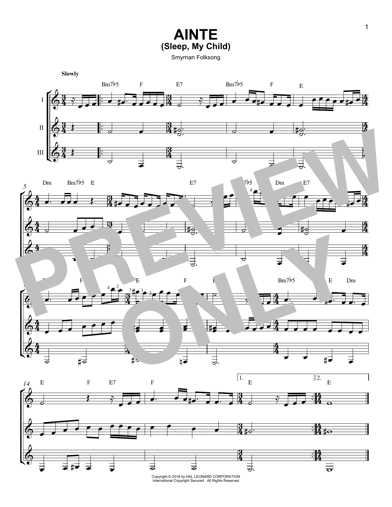Download Smyrnan Folksong Ainte (Sleep, My Child) Sheet Music and learn how to play GTRENS PDF digital score in minutes
