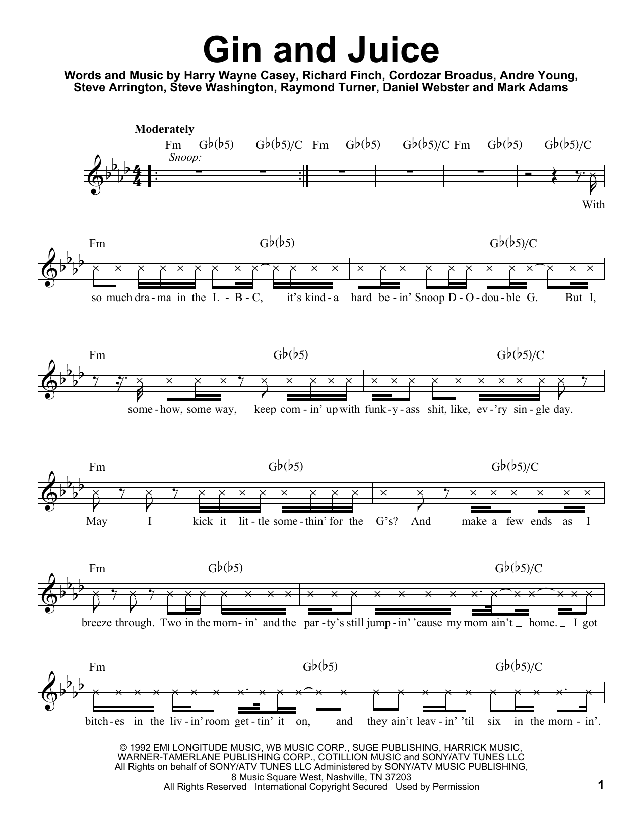 Download Snoop Dog Gin And Juice Sheet Music and learn how to play Voice PDF digital score in minutes