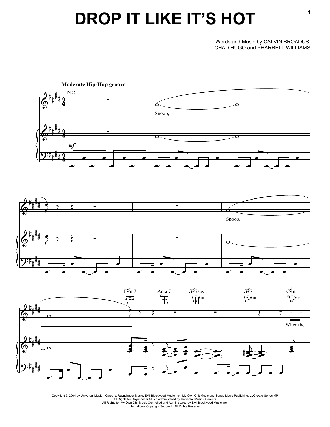 Download Snoop Dogg Drop It Like It's Hot (feat. Pharrell) Sheet Music and learn how to play Piano, Vocal & Guitar (Right-Hand Melody) PDF digital score in minutes