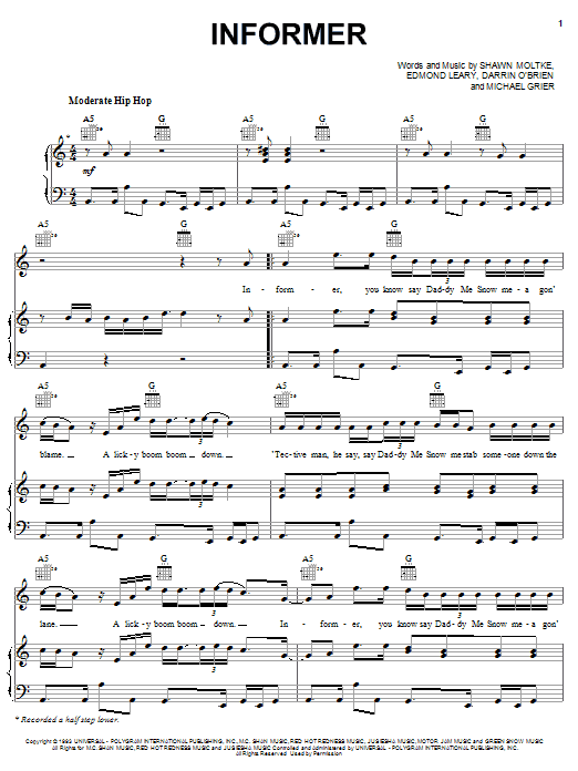 Download Snow Informer Sheet Music and learn how to play Piano, Vocal & Guitar (Right-Hand Melody) PDF digital score in minutes