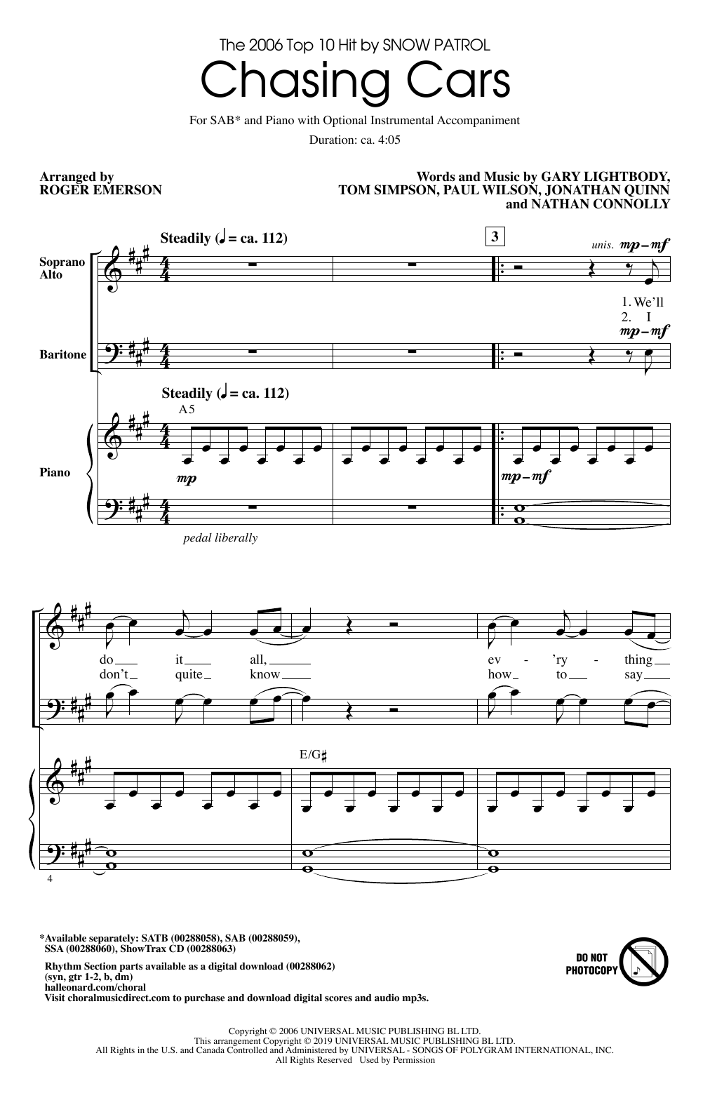 Download Snow Patrol Chasing Cars (arr. Roger Emerson) Sheet Music and learn how to play SAB Choir PDF digital score in minutes