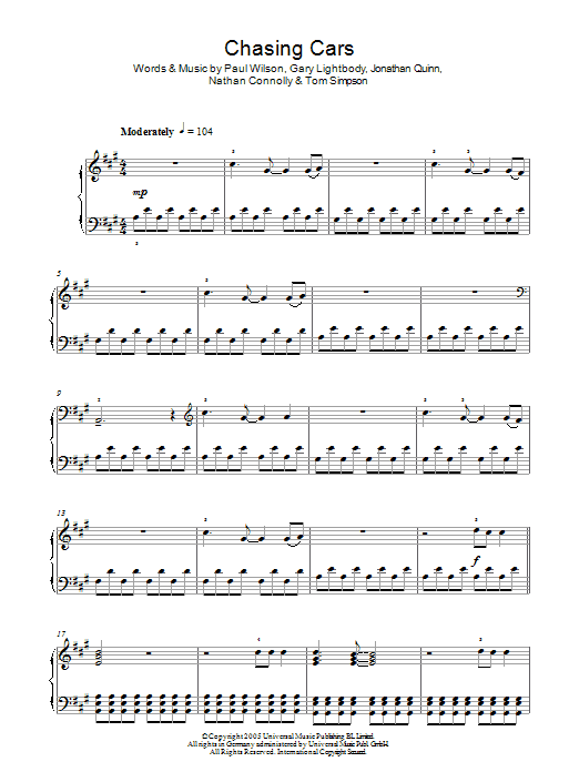 Download Snow Patrol Chasing Cars Sheet Music and learn how to play Melody Line, Lyrics & Chords PDF digital score in minutes