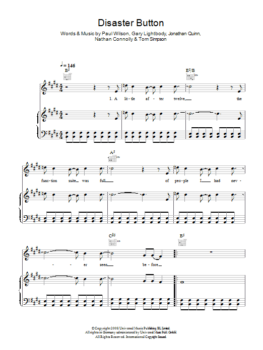 Download Snow Patrol Disaster Button Sheet Music and learn how to play Piano, Vocal & Guitar (Right-Hand Melody) PDF digital score in minutes
