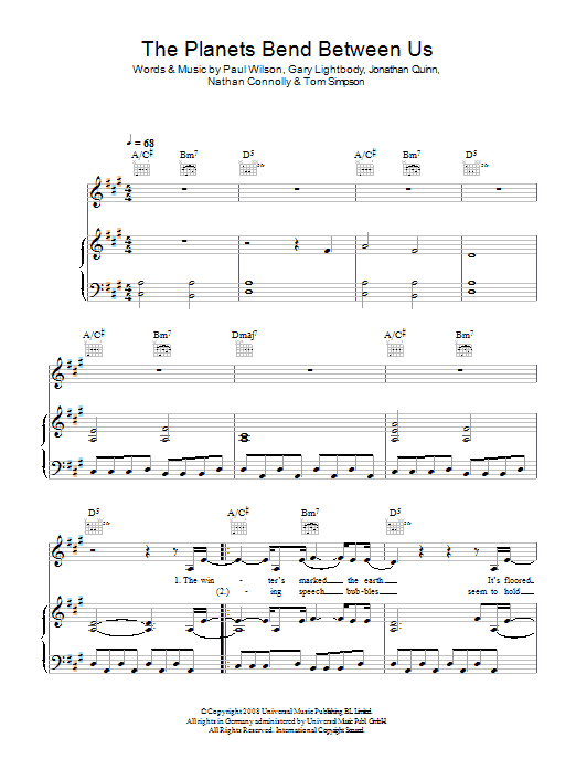 Download Snow Patrol The Planets Bend Between Us Sheet Music and learn how to play Piano, Vocal & Guitar (Right-Hand Melody) PDF digital score in minutes