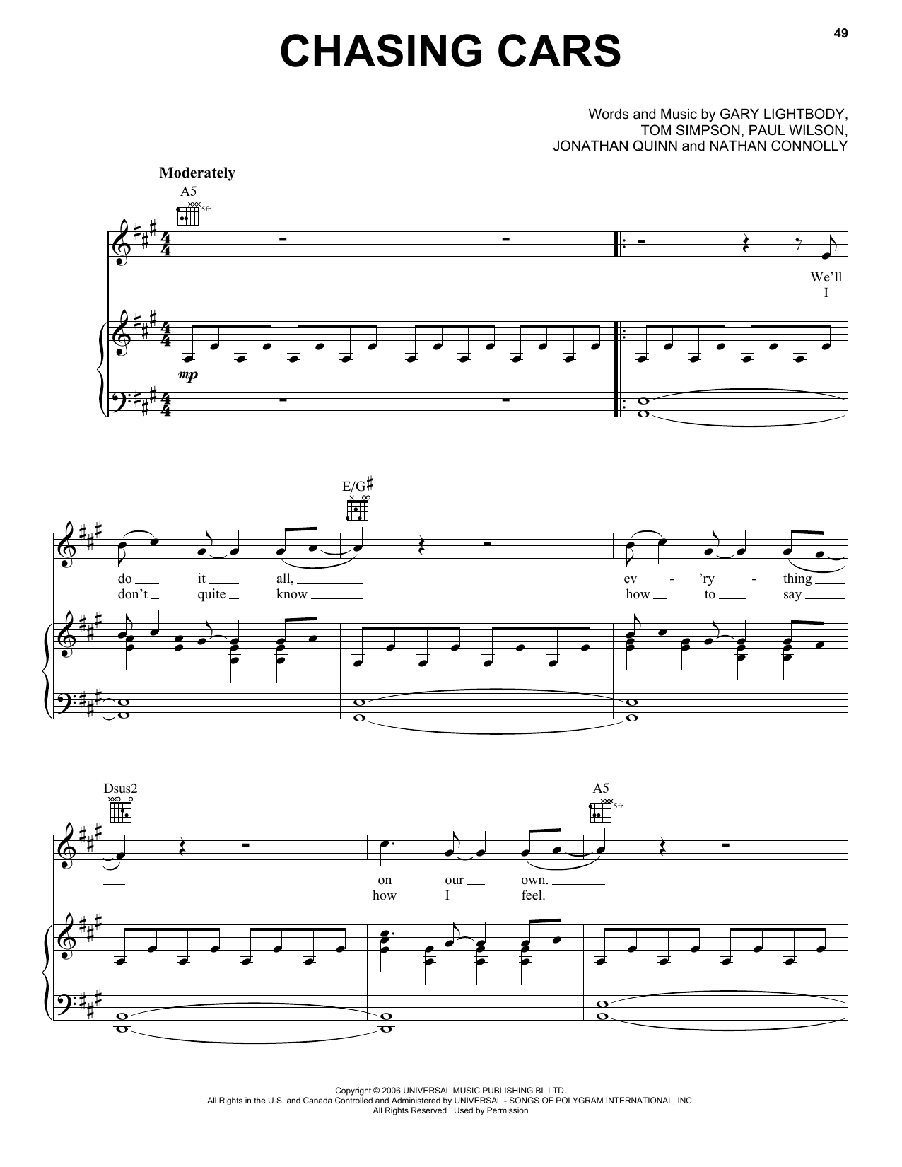 Mince spids Arv Snow Patrol "Chasing Cars" Sheet Music Notes | Download Printable PDF Score  178088