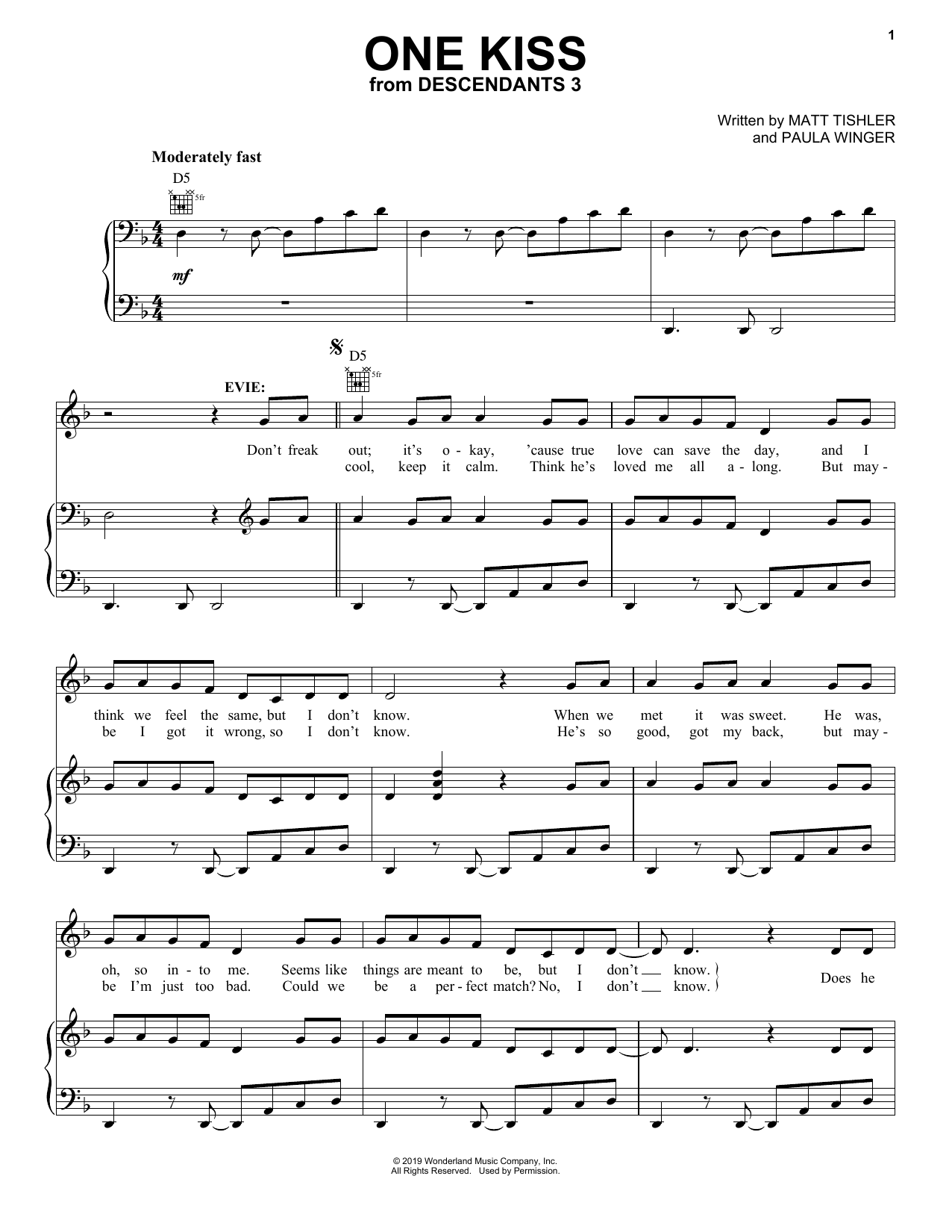 Download Sofia Carson One Kiss (from Disney's Descendants 3) Sheet Music and learn how to play Piano, Vocal & Guitar Chords (Right-Hand Melody) PDF digital score in minutes