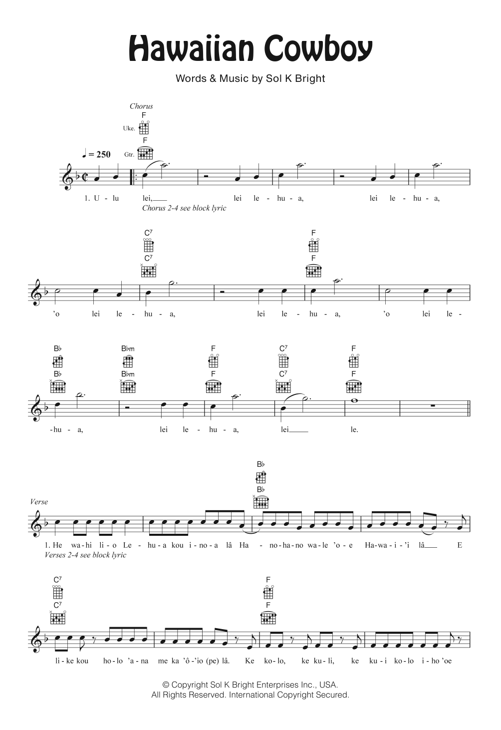 Download Sol K. Bright’s Hollywaiians Hawaiian Cowboy Sheet Music and learn how to play Ukulele PDF digital score in minutes