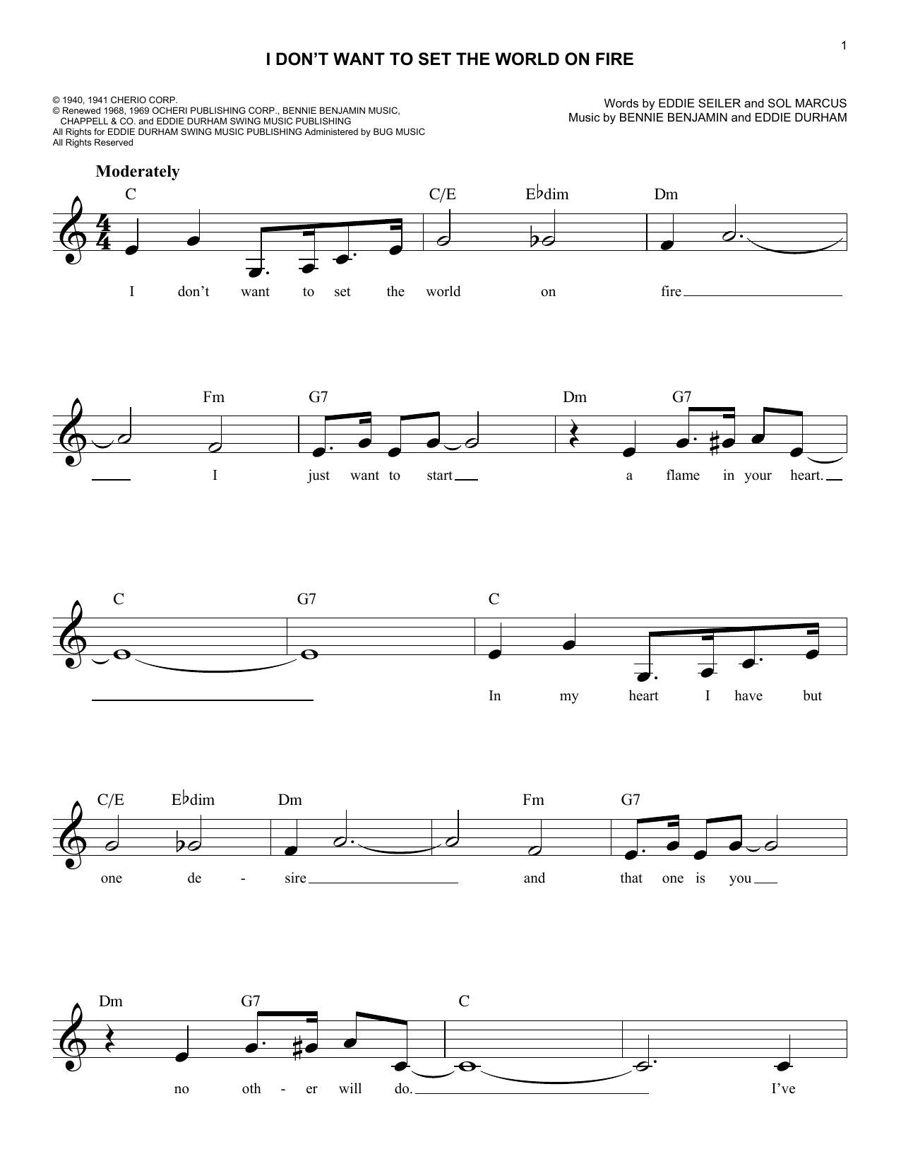 Download Sol Marcus I Don't Want To Set The World On Fire Sheet Music and learn how to play Melody Line, Lyrics & Chords PDF digital score in minutes