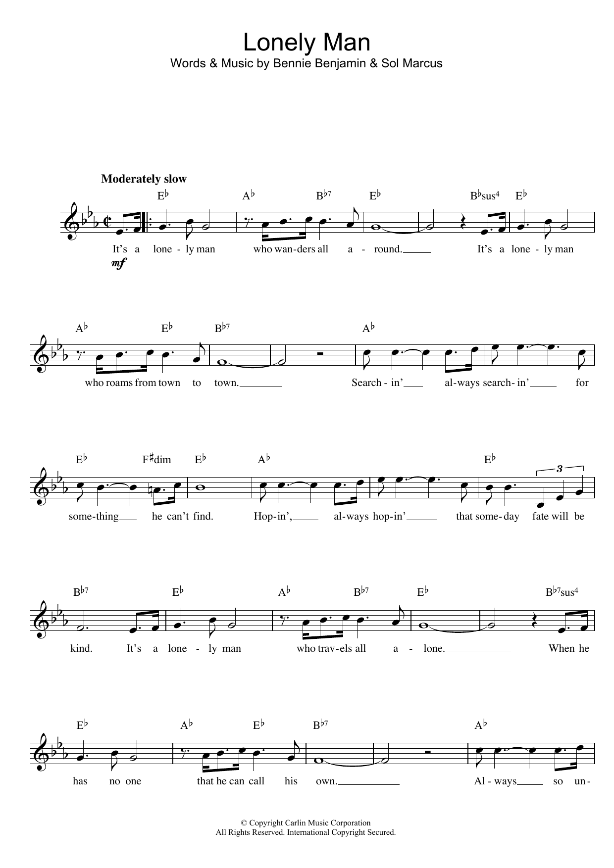 Download Bennie Benjamin and Sol Marcus Lonely Man Sheet Music and learn how to play Melody Line, Lyrics & Chords PDF digital score in minutes