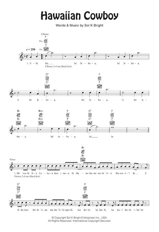 Download Sol K. Bright’s Hollywaiians Hawaiian Cowboy Sheet Music and learn how to play Ukulele PDF digital score in minutes