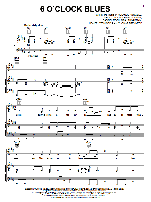 Download Solange 6 O'Clock Blues Sheet Music and learn how to play Piano, Vocal & Guitar (Right-Hand Melody) PDF digital score in minutes