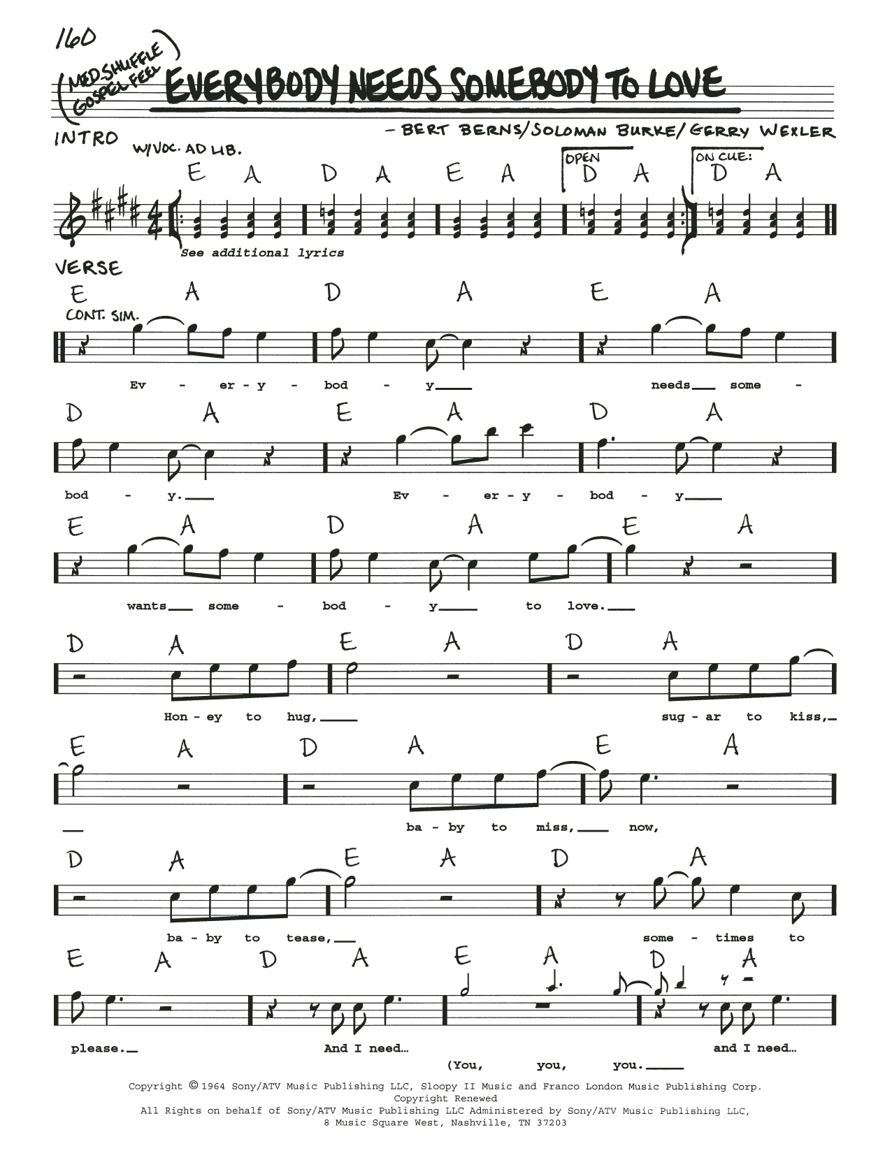 Download Soloman Burke Everybody Needs Somebody To Love Sheet Music and learn how to play Real Book – Melody, Lyrics & Chords PDF digital score in minutes