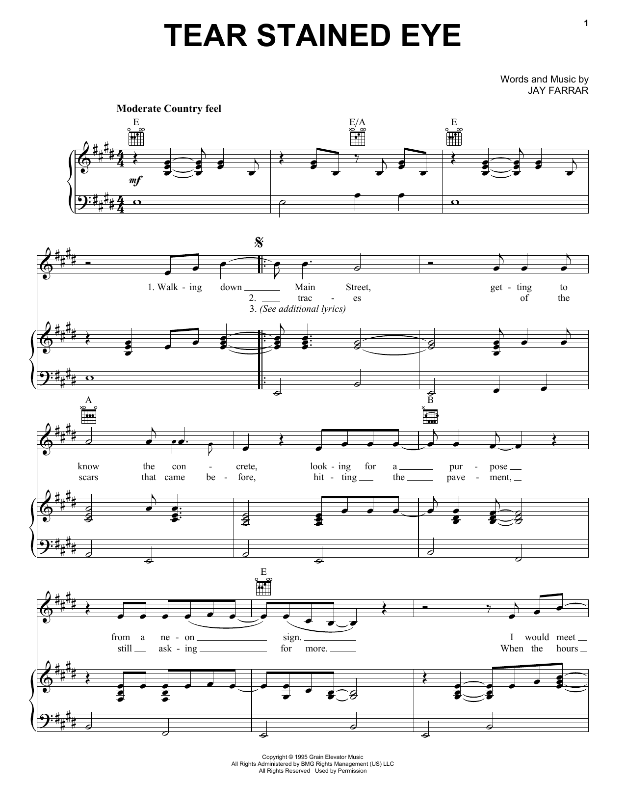 Download Son Volt Tear Stained Eye Sheet Music and learn how to play Piano, Vocal & Guitar Chords (Right-Hand Melody) PDF digital score in minutes