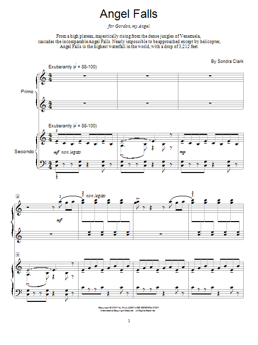 Download Sondra Clark Angel Falls Sheet Music and learn how to play Piano Duet PDF digital score in minutes