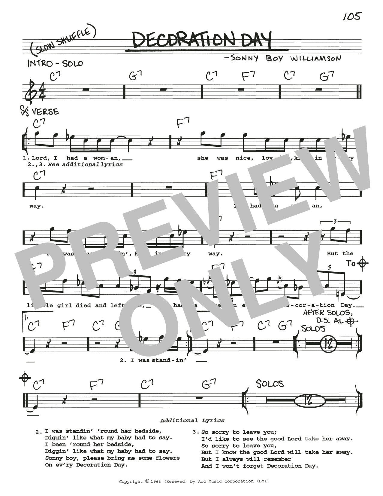 Download Sonny Boy Williamson Decoration Day Sheet Music and learn how to play Real Book – Melody, Lyrics & Chords PDF digital score in minutes