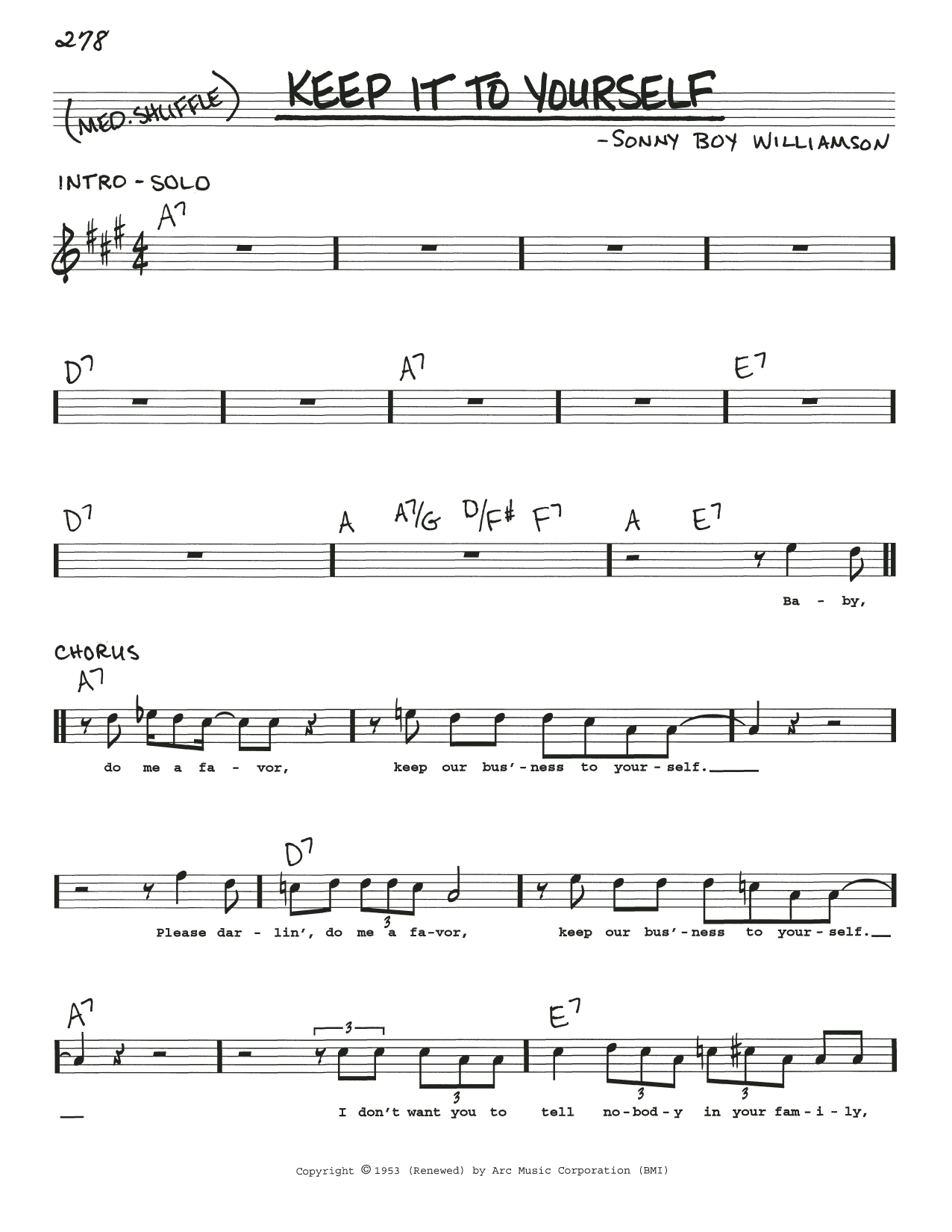 Download Sonny Boy Williamson Keep It To Yourself Sheet Music and learn how to play Real Book – Melody, Lyrics & Chords PDF digital score in minutes