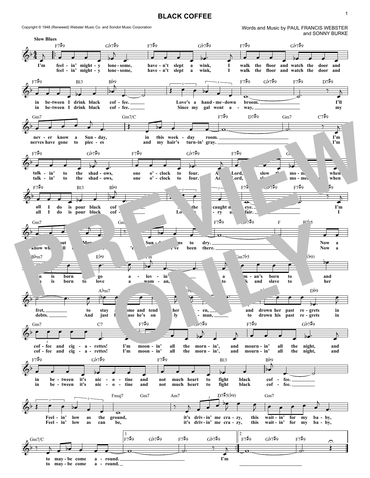 Download Sonny Burke Black Coffee Sheet Music and learn how to play Lead Sheet / Fake Book PDF digital score in minutes
