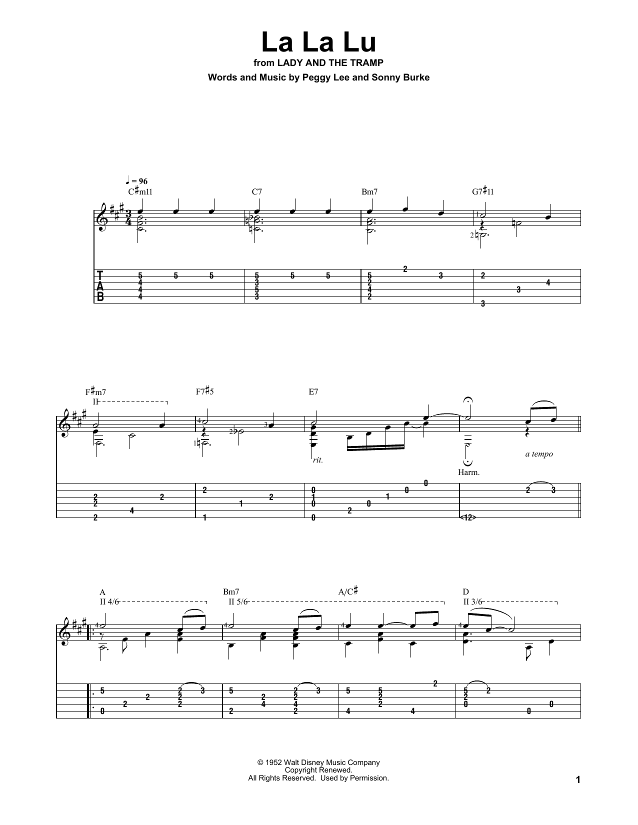 Download Sonny Burke La La Lu (from Lady And The Tramp) Sheet Music and learn how to play Solo Guitar PDF digital score in minutes