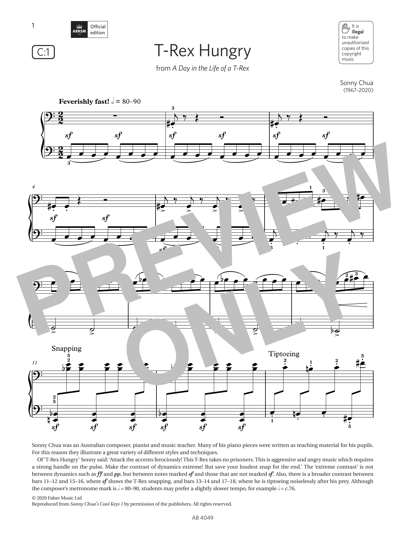 Download Sonny Chua T-Rex Hungry (Grade 3, list C1, from the ABRSM Piano Syllabus 2023 & 2024) Sheet Music and learn how to play Piano Solo PDF digital score in minutes